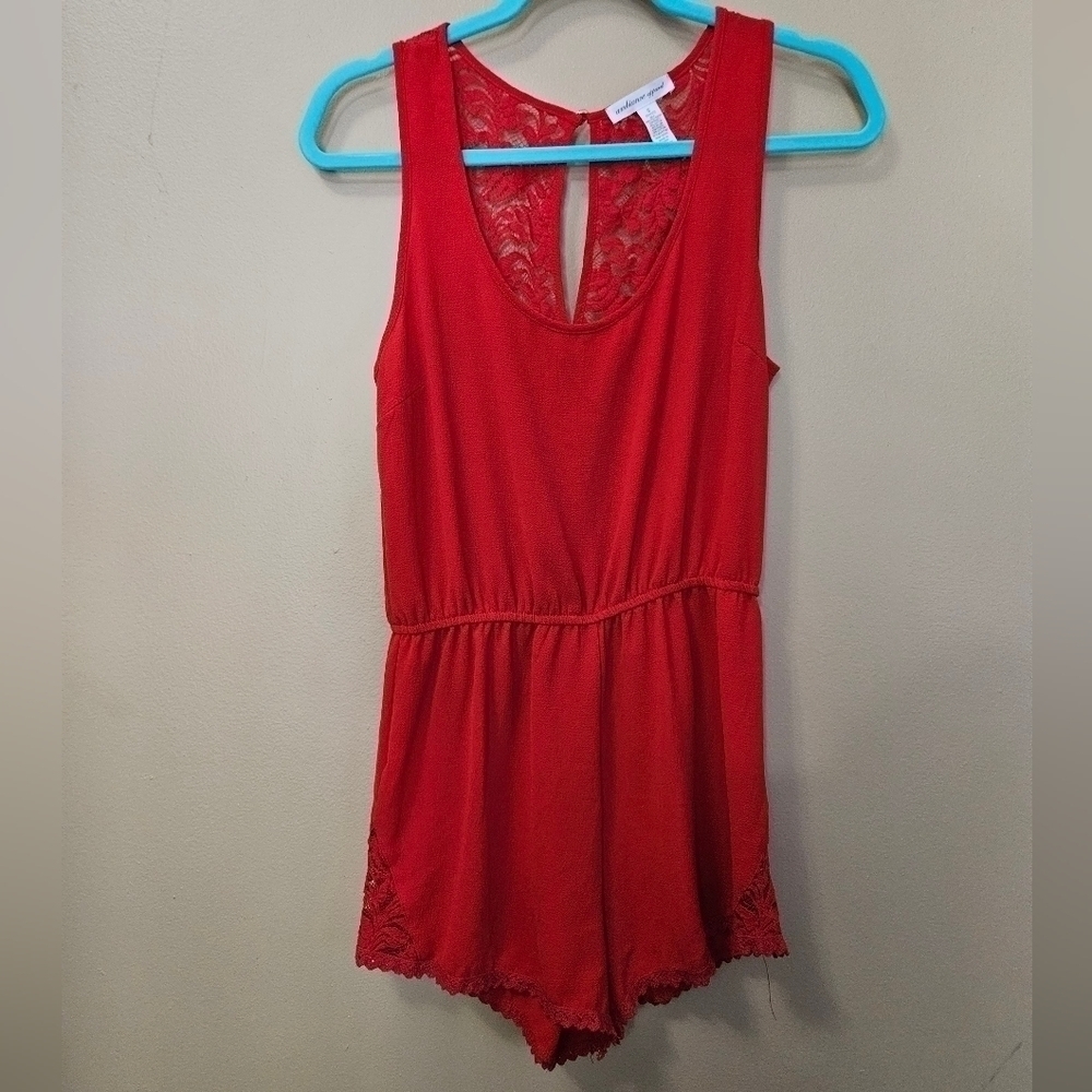 Ambiance Apperel Red Romper Lace Inserts Women's Size S